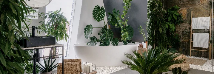 Modernes Badezimmer mit vielen Pflanzen