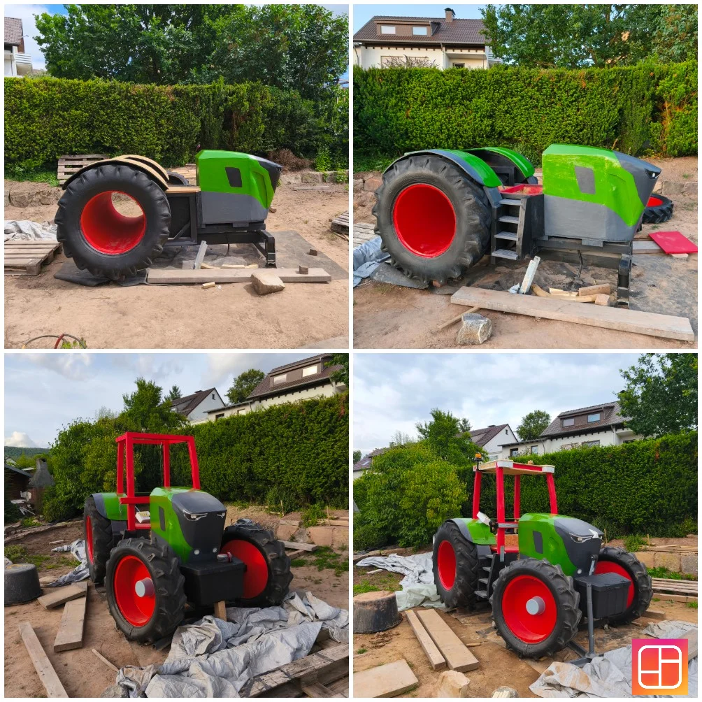 Collage, die den Baufortschritt eines grünen Spielzeug-Traktors für den Garten zeigt.
