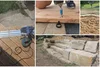 Bildcollage zum Bau einer Terrasse aus Holz und Stein.