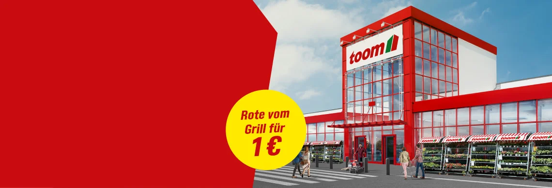 Außenansicht eines Baumarktes mit einem Angebot für Grillwürste.