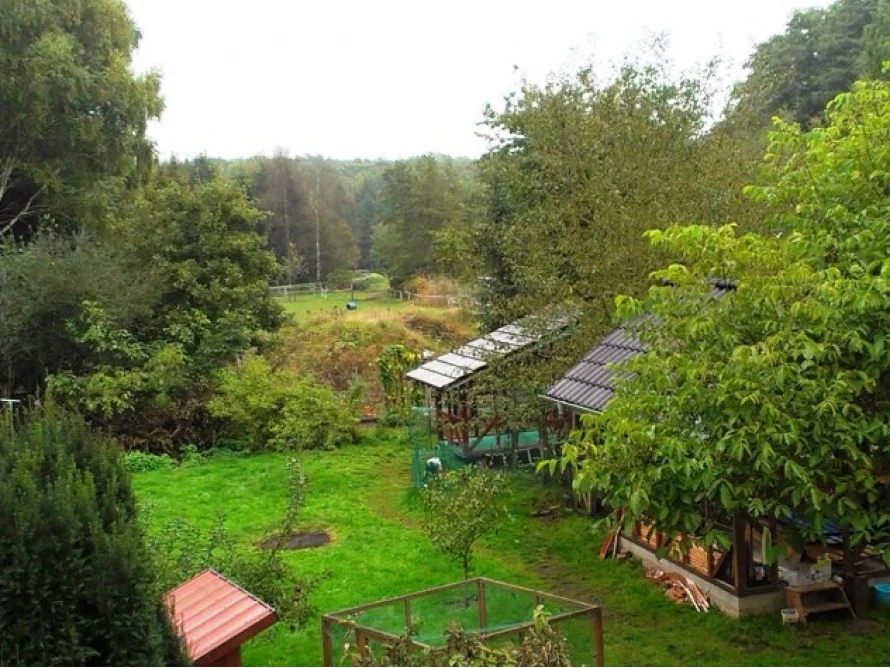 Garten mit Bäumen und Hühnerställen