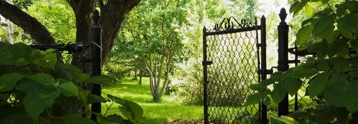 Offener Gartentor zu einem grünen Garten