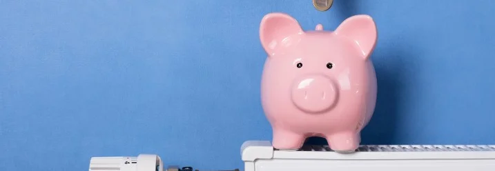 Hand wirft Geld in Sparschwein auf Heizung