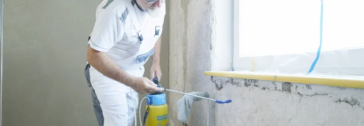 Person bearbeitet eine Wand mit einem Drucksprühgerät