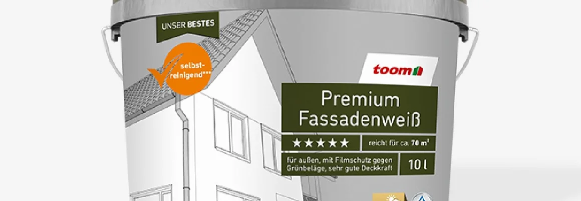 Weißer Farbeimer mit Produktinformationen