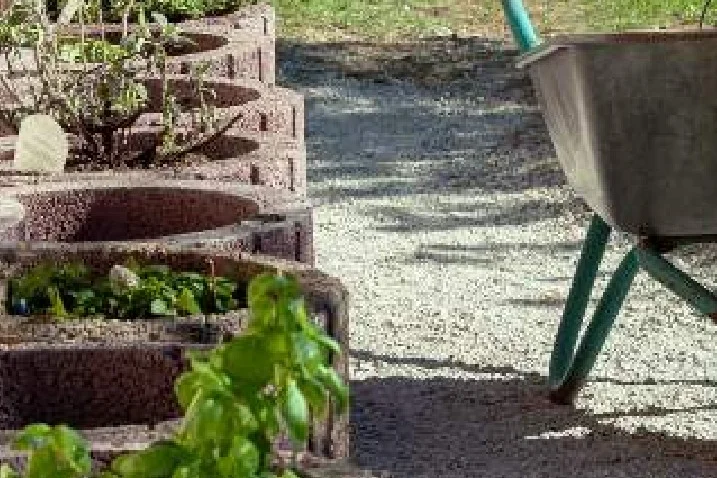 Kräuter in Hochbeet und Schubkarre