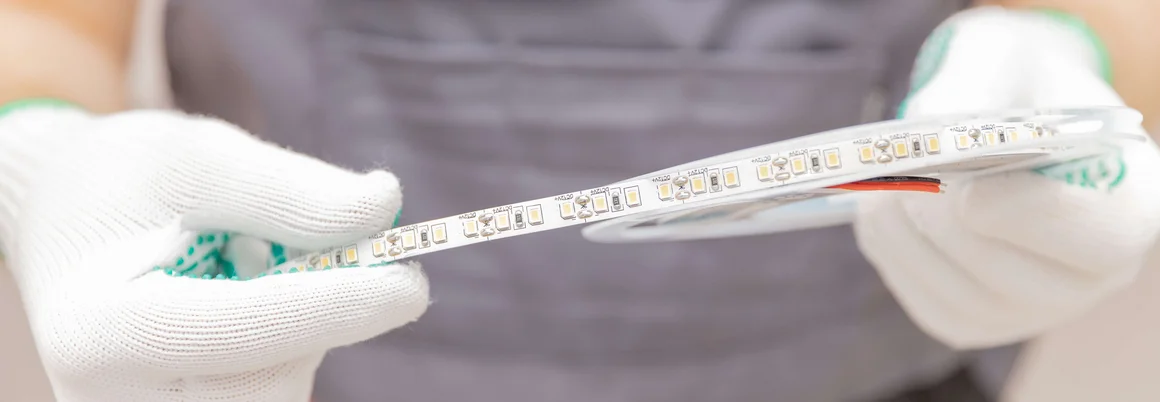 Person in Arbeitskleidung hält ein LED-Band in der Hand.