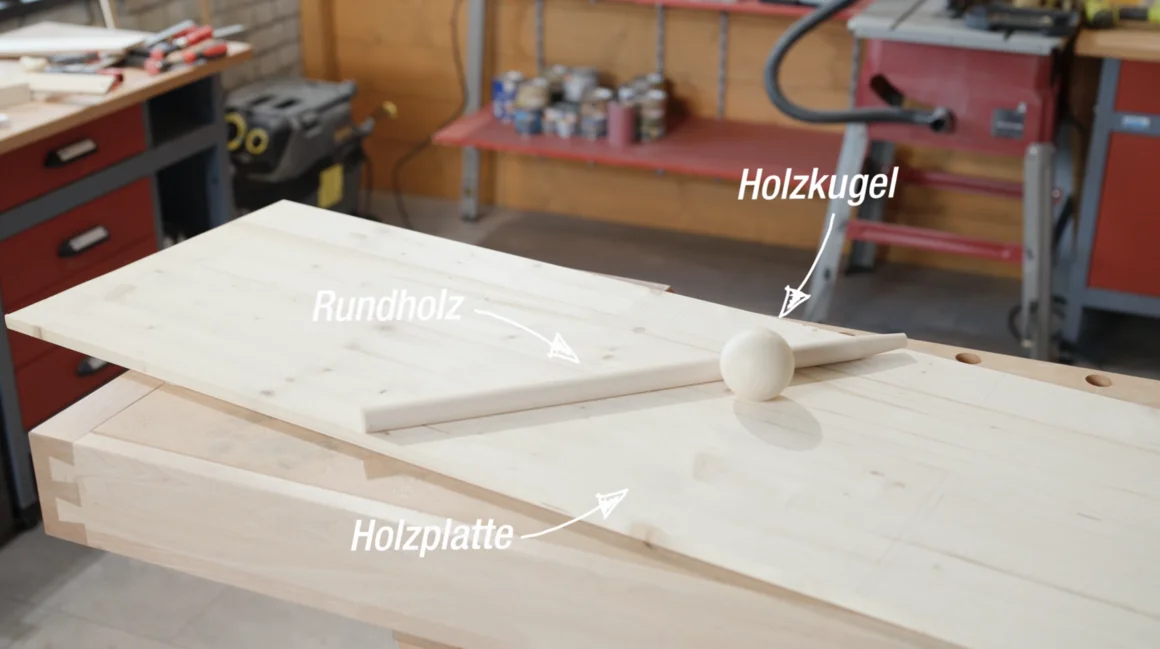 Holzplatte, Rundholz und Holzkugel auf Werkbank