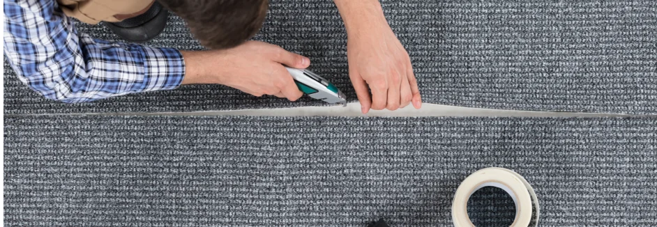 Person schneidet Teppich mit Teppichmesser