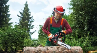 Person sägt mit Kettensäge einen Baumstamm