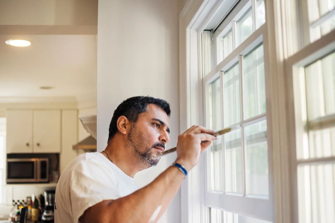 Person streicht Fensterrahmen weiß