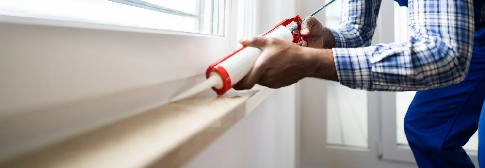 Person verwendet Dichtmittelpistole an Fensterrahmen.