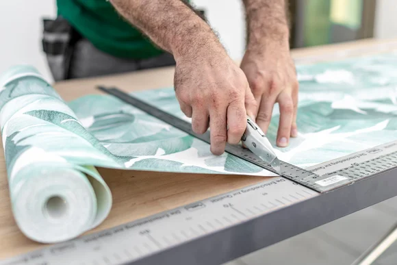 Person schneidet Tapete mit Cuttermesser