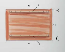 Technische Skizze einer Holzplatte mit zwei Leisten und Maßangaben.