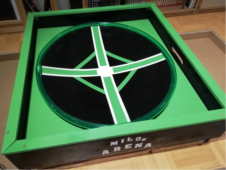Spielfläche in grün mit schwarzer Drehscheibe