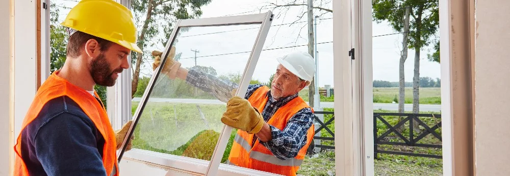 Zwei Personen in Arbeitsschutzkleidung setzen ein Fenster ein