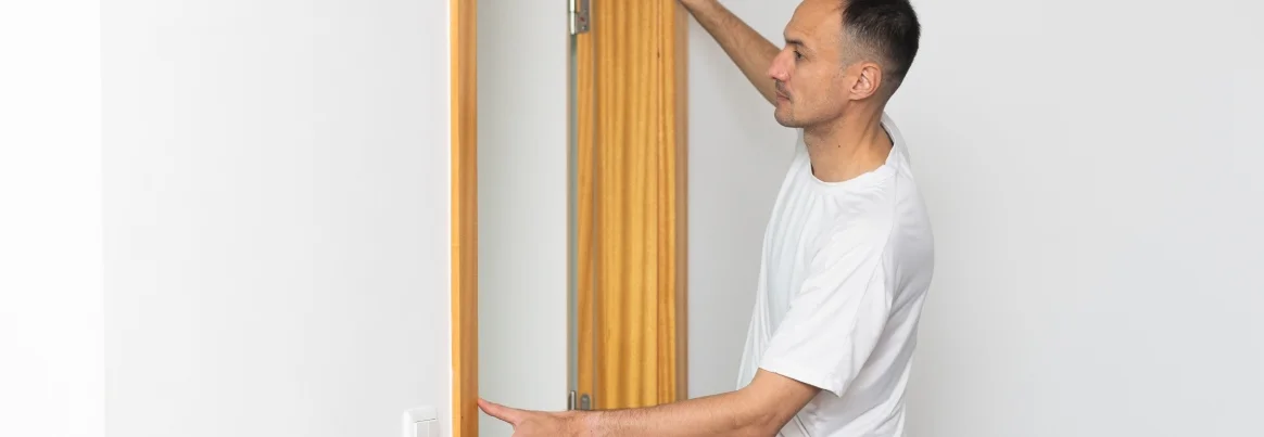 Eine Person montiert einen hölzernen Türrahmen an einer weißen Wand.