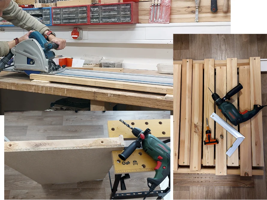 Holzbearbeitung mit Kreissäge und Akkuschrauber