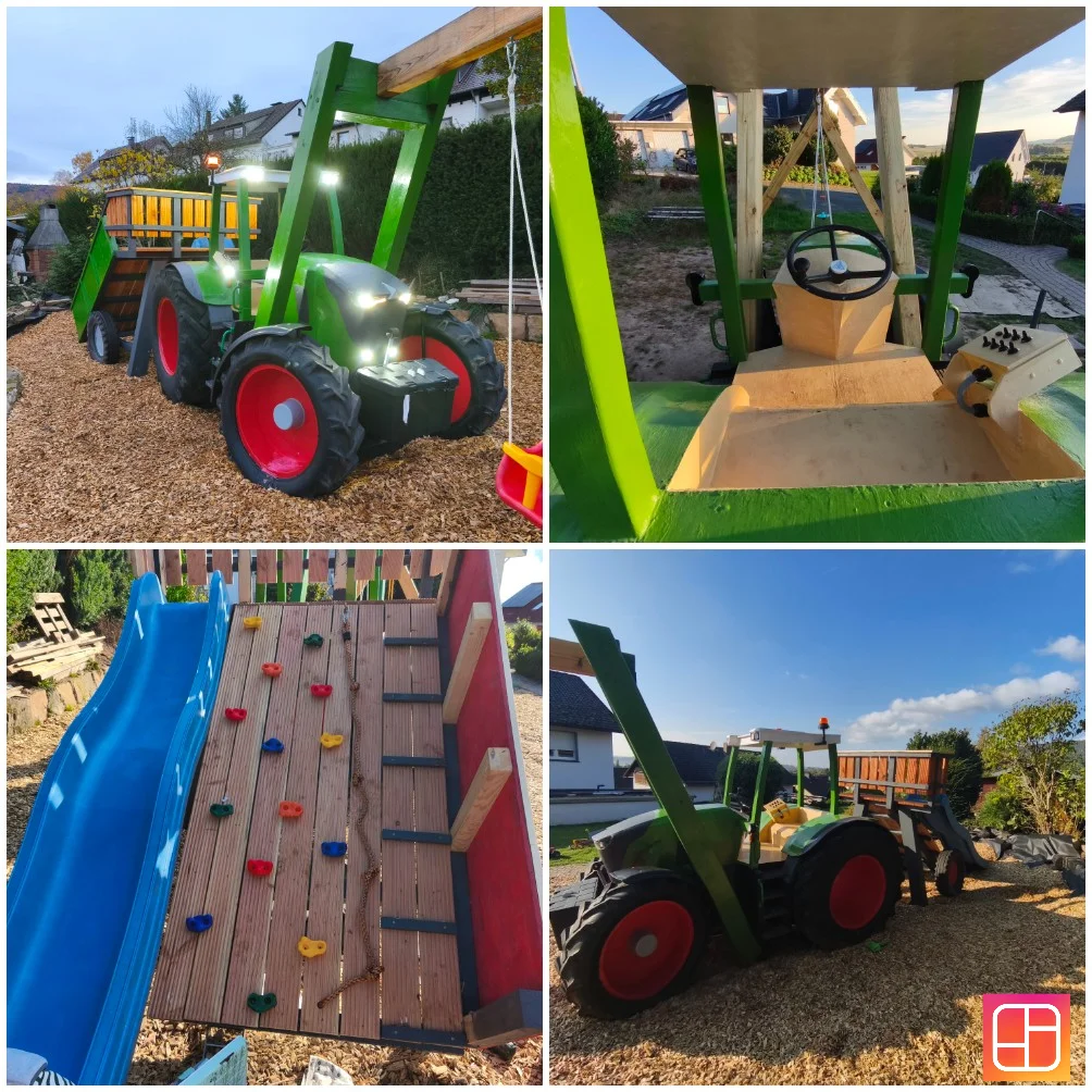 Ein selbstgebauter Spieltraktor aus Holz mit Rutsche, Schaukel und Kletterwand.