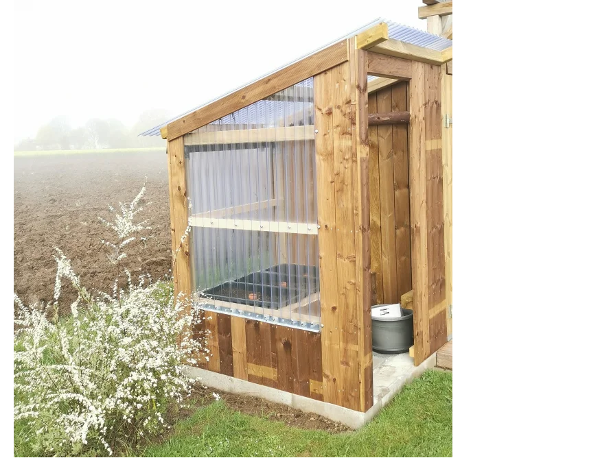 Kleines Gewächshaus aus Holz und Wellblech