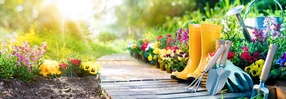 Gummistiefel und verschiedene Gartengeräte stehen neben vielen Blumen