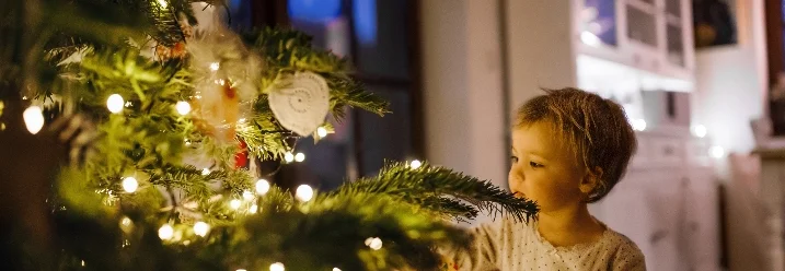 Kleinkind betrachtet beleuchteten Weihnachtsbaum