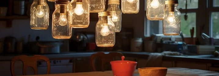 Glühbirnen in Einmachgläsern hängen über einem Tisch