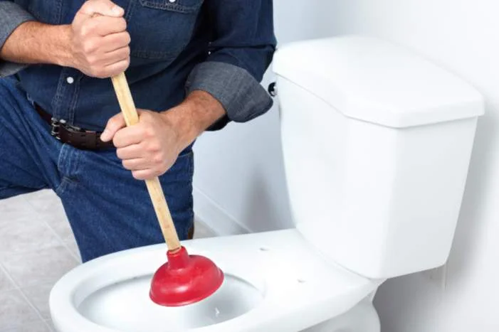 Person benutzt Pömpel in Toilette