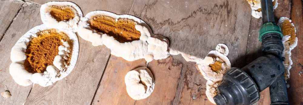 Hausschwamm auf Holzdielen neben einer Wasserleitung.