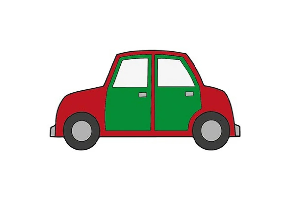Rotes Auto mit grünen Türen