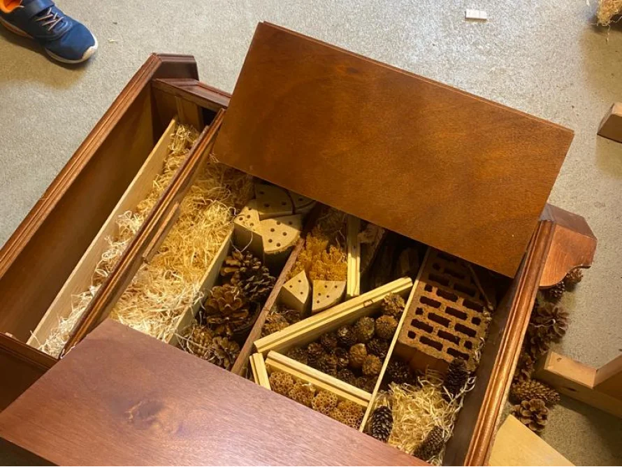 Eine offene Holzkiste mit Naturmaterialien