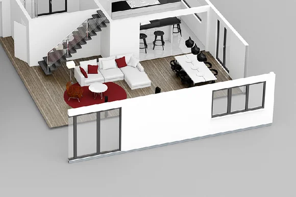 3D-Modell eines modernen Wohnbereichs