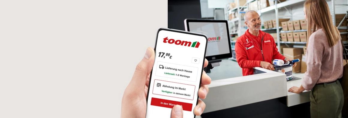 Fotomontage einer Online-Bestellung per Smartphone und der Abholung von Ware im Markt.