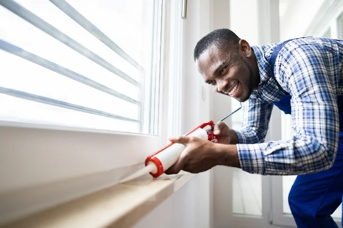 Person versiegelt Fensterrahmen mit Dichtmittel.