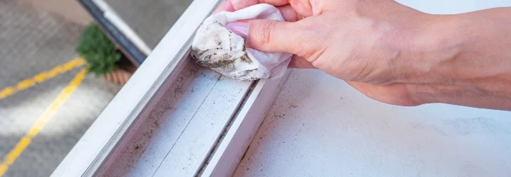 Hand reinigt Fensterrahmen mit Tuch
