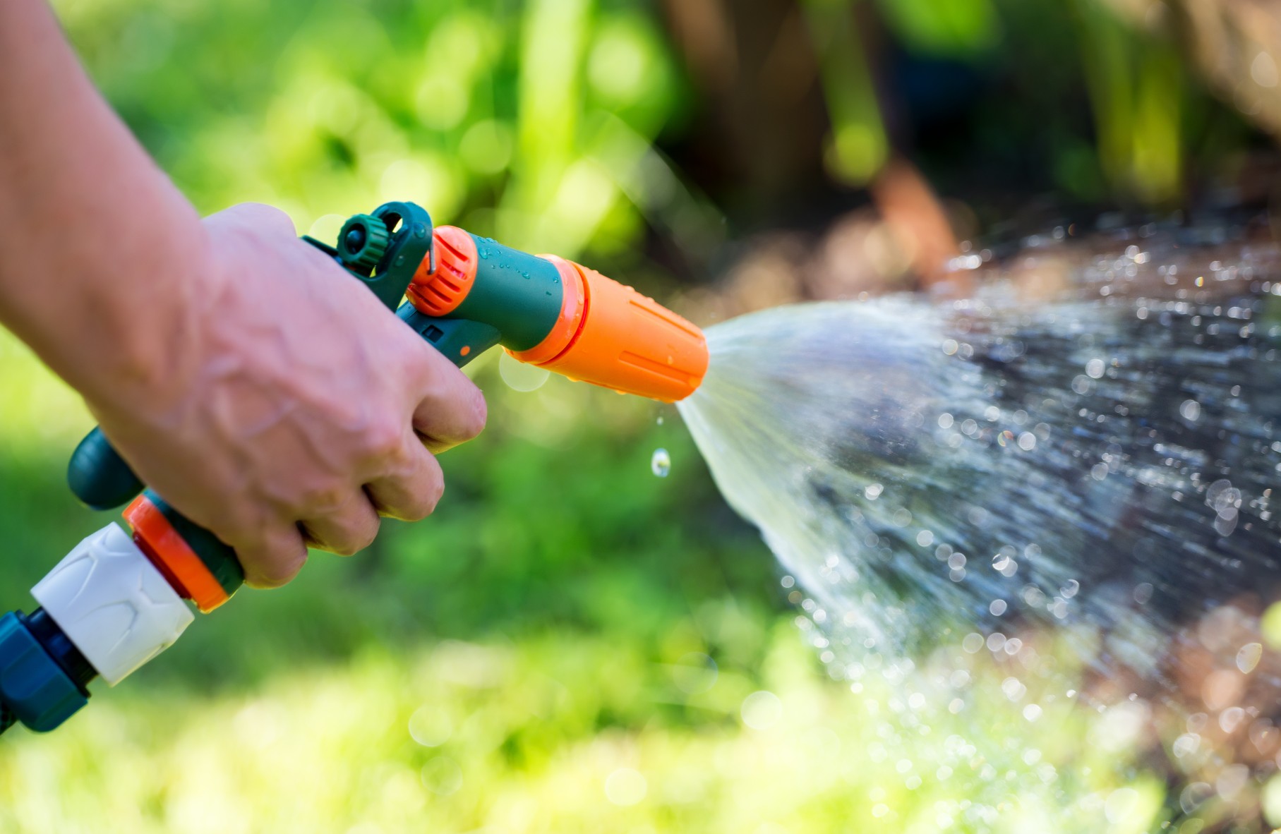 Hand hält Gartenschlauch und gießt Rasen